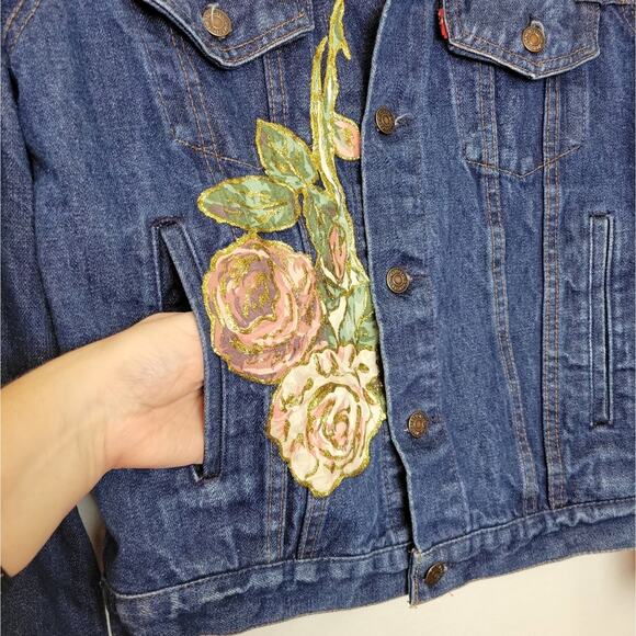 LEVI'S Floral Painted Patch Denim Jean Jacket Pockets Preppy Upcycled Size M - Picture 7 of 16